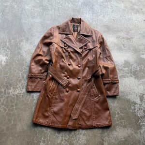 True vintage 70's Flamingo Brown Faux Leather double breasted belted jacket